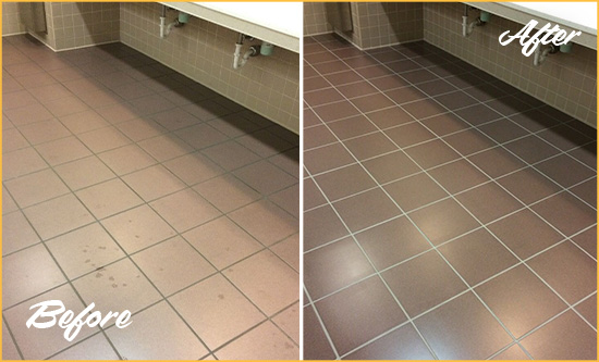 Before and After Picture of a Henderson Restrooms Tile and Grout Cleaned to Remove Embedded Dirt