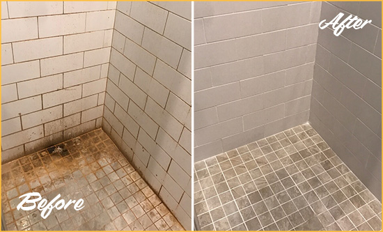 Before and After Picture of a Henderson Shower Tile and Grout Cleaned to Eliminate Mold and Stains