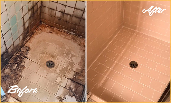 Before and After Picture of a Henderson Shower Tile and Grout Cleaned to Repair Water Damage