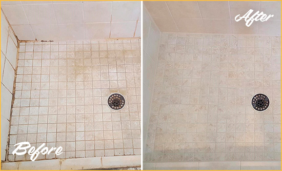 Before and After Picture of a Henderson Shower Caulked to Fix Cracks