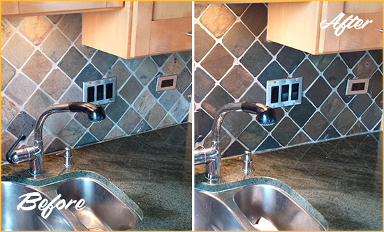 Sir Grout Caulks this Henderson Backsplash Caulked to Fix and Prevent Water Leaks Before and After Picture of a Henderson Backsplash Caulked to Fix and Prevent Water Leaks