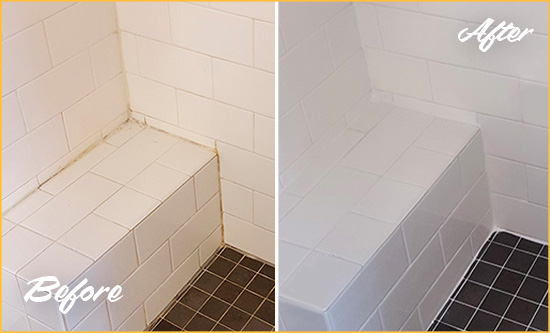 Before and After Picture of a Henderson Shower Seat Caulked to Protect Against Mold and Mildew Growth
