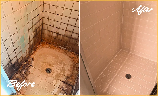Sir Grout Caulks this Henderson Shower to Fix and Prevent Water Damage Before and After Picture of a Henderson Shower Caulked to Fix and Prevent Water Damage