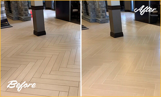 Before and After Picture of a Dirty North Las Vegas Ceramic Office Lobby Sealed For Extra Protection Against Heavy Foot Traffic