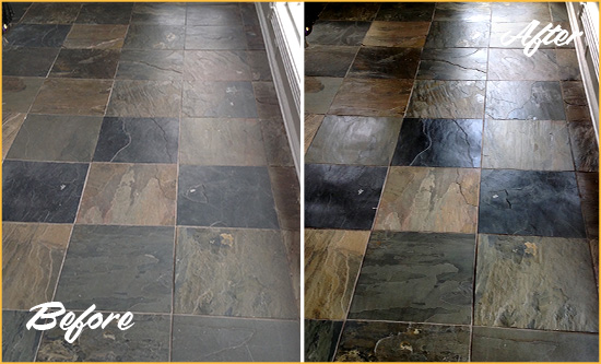 Sir Grout Seals this Dull North Las Vegas Slate Floor to Bring Back Its Colors Before and After Picture of a Dull North Las Vegas Slate Floor Sealed to Bring Back Its Colors