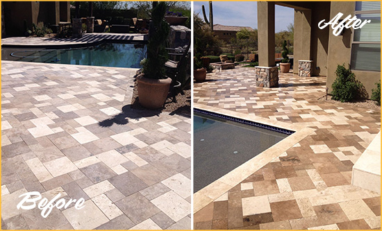 Sir Grout Seals this Faded North Las Vegas Travertine Pool Deck For Extra Protection Before and After Picture of a Faded North Las Vegas Travertine Pool Deck Sealed For Extra Protection