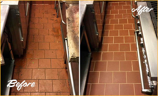Before and After Picture of a North Las Vegas Restaurant Kitchen Floor Sealed to Remove Soil