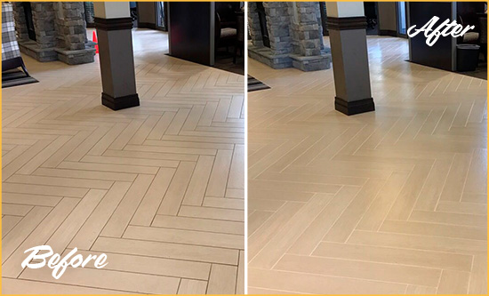 Before and After Picture of a Henderson Hard Surface Restoration Service on an Office Lobby Tile Floor to Remove Embedded Dirt
