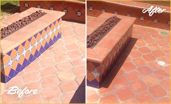 Before and After Picture of a Henderson Hard Surface Restoration Service on a Dull Terracotta Patio Floor to Recover Its Color