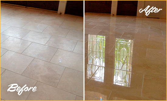 Before and After Picture of a Henderson Hard Surface Restoration Service on a Dull Travertine Floor Polished to Recover Its Splendor