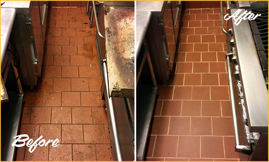Before and After Picture of a Henderson Hard Surface Restoration Service on a Restaurant Kitchen Floor to Eliminate Soil and Grease Build-Up