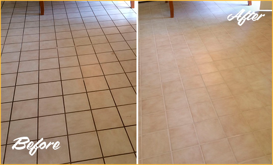 Before and After Picture of The Lakes Ceramic Tile Grout Cleaned to Remove Dirt