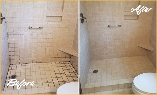 Before and After Picture of a The Lakes Shower Grout Cleaned to Remove Mold
