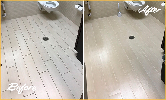 Before and After Picture of a The Lakes Office Restroom's Grout Cleaned to Remove Dirt