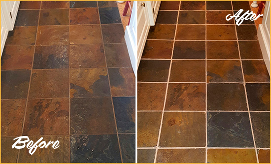 Before and After Picture of The Lakes Slate Floor Grout Cleaned to Remove Dirt