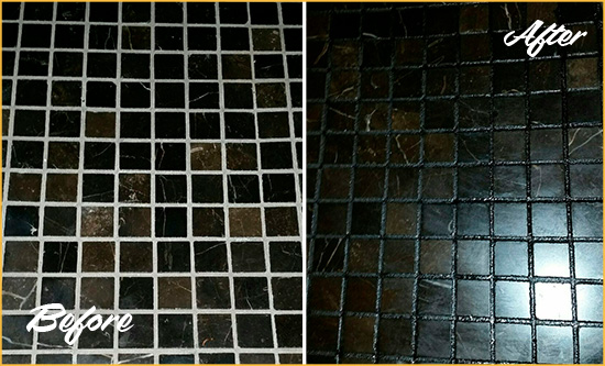 Before and After Picture of a The Lakes Black Floor with Recolored Grout