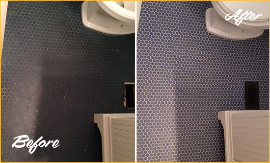 Before and After Picture of a The Lakes Blue Tile Floor Recolored Grout