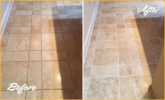 Before and After Picture of a The Lakes Travertine Kitchen Floor Recolored Grout