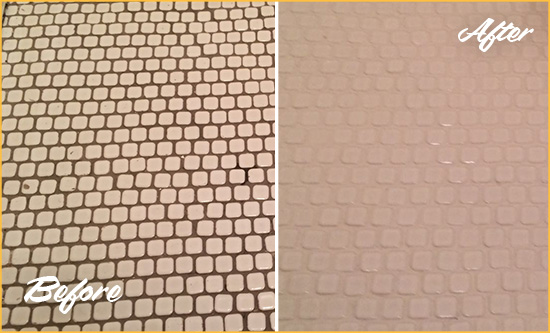 Before and After Picture of a The Lakes White Mosaic Tile Recolored Grout