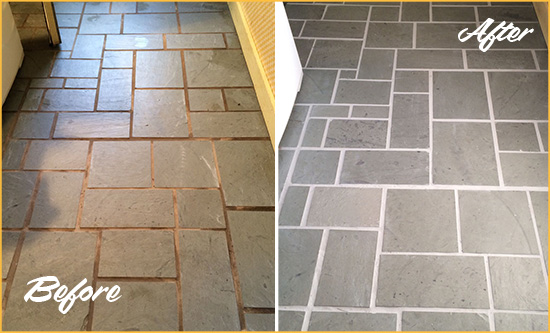 Before and After Picture of Damaged Henderson Slate Floor with Sealed Grout