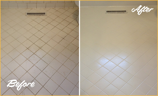 Sir Grout Seals the Grout of this Henderson White Bathroom Floor for Extra Protection Before and After Picture of a Henderson White Bathroom Floor Grout Sealed for Extra Protection
