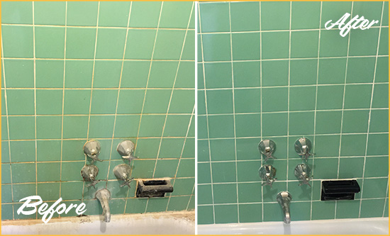 Before and After Picture of a Henderson Bath Tub Grout Sealed to Avoid Water Damage