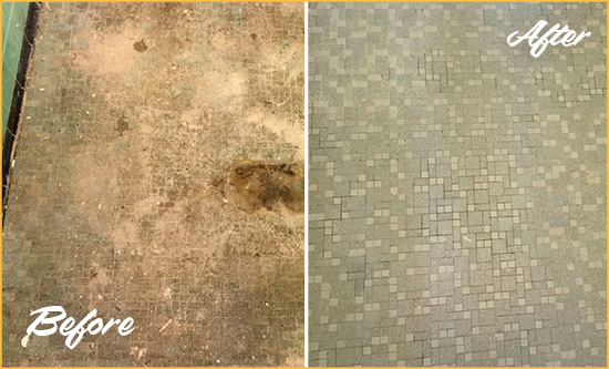 Sir Grout Cleans this The Lakes Mosaic Shower Cleaned to Eliminate Embedded Dirt Before and After Picture of a The Lakes Mosaic Shower Cleaned to Eliminate Embedded Dirt