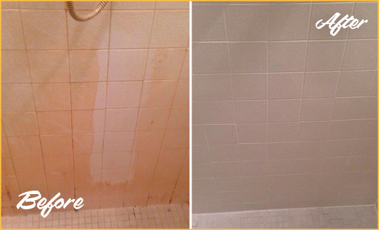 Before and After Picture of a North Las Vegas Porcelaine Shower Cleaned to Remove Soap Scum